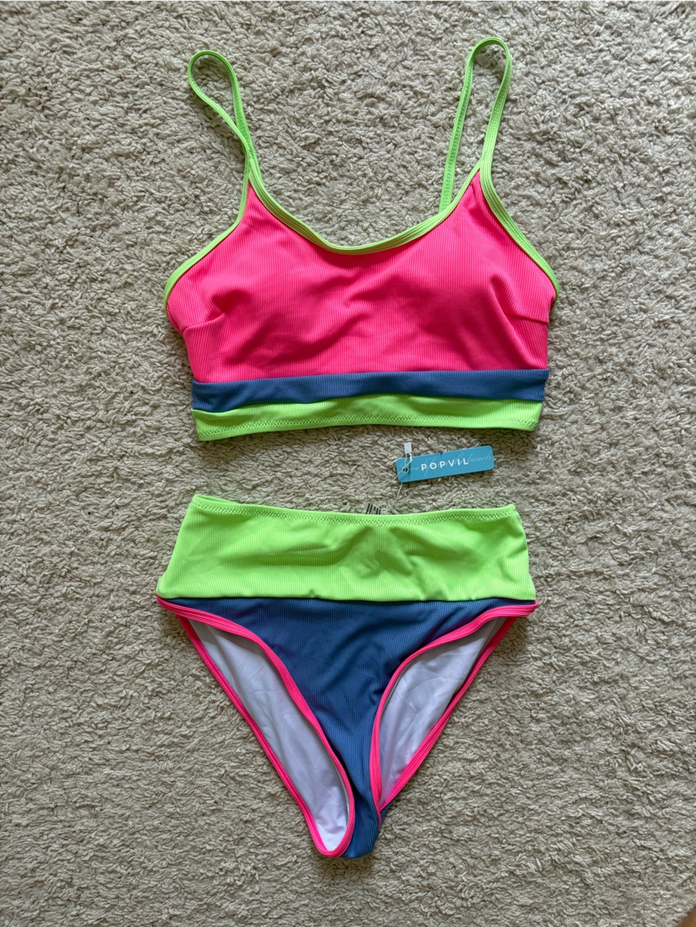 Popvil Neon Colorblock High-Waist Bikini Set - Pink & Lime